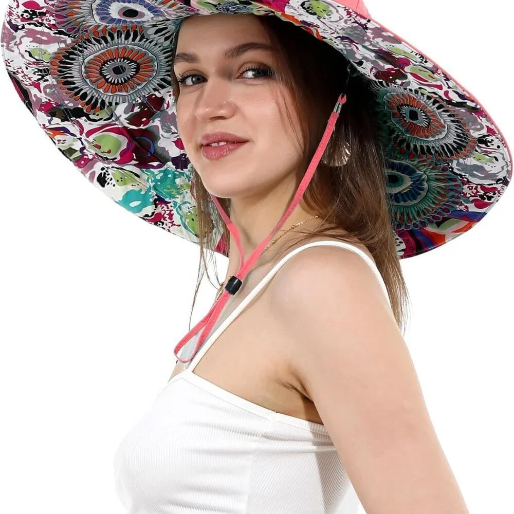 Women Floral Summer Sun Hat Ultra Wide Brim UV Protection Reversible Foldable